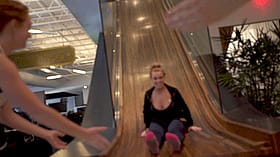 Bouncing Boobs Babe Rides Wooden Slide'