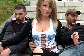 Public Handjob Threesome: Mmf Fun on the Steps'