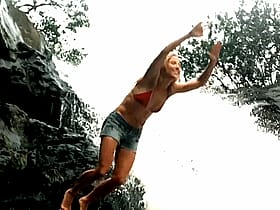 Celebrity Non-Nude Waterfall Adventure in Red Bikini and Jeans Shorts'