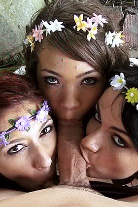 Blowjob Threesome: Brunette Babe Gets Her Mouth Filled'
