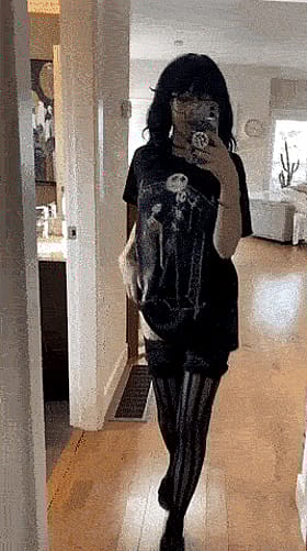 Cute Brunette Goth in Glasses Takes a Selfie in Her Petite Outfit'
