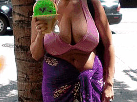 Amateur Sexy Girl's Purple Bikini and Green Ice Cream'